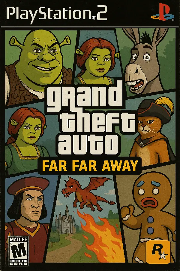 PS2 游戏封面 (GTA x Shrek) · @dotey 的来源效果图