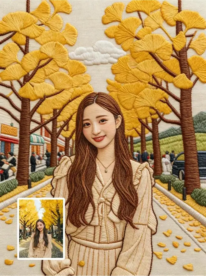 人物照片转手工刺绣肖像 · @aleenaamiir 的来源效果图