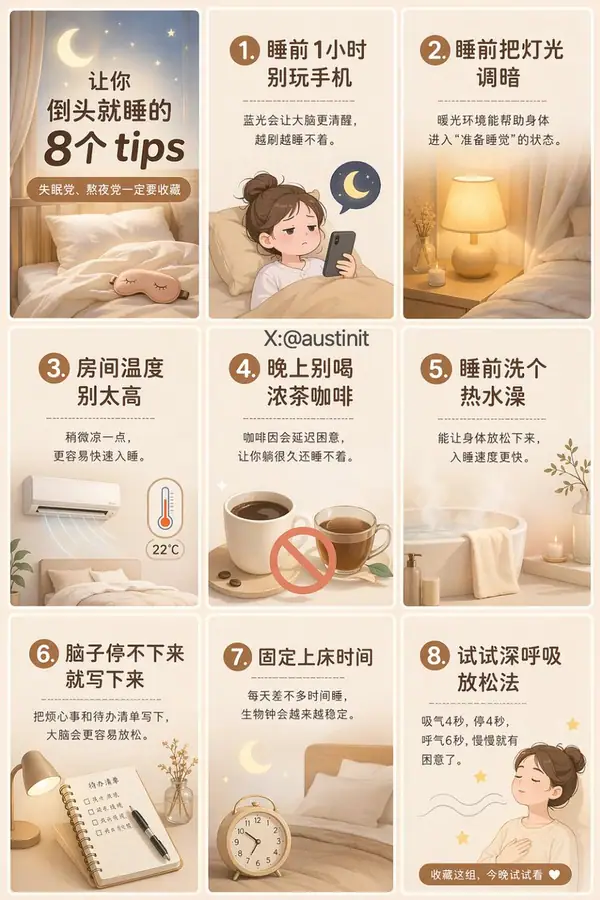 睡眠主题小红书九宫格知识卡 · @austinit 的来源效果图