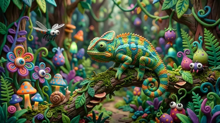 黏土动画风格的变色龙森林 · Heather Green 的来源效果图