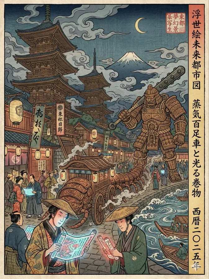 江户时代浮世绘风格的现代场景再现 · VoxcatAI 的来源效果图